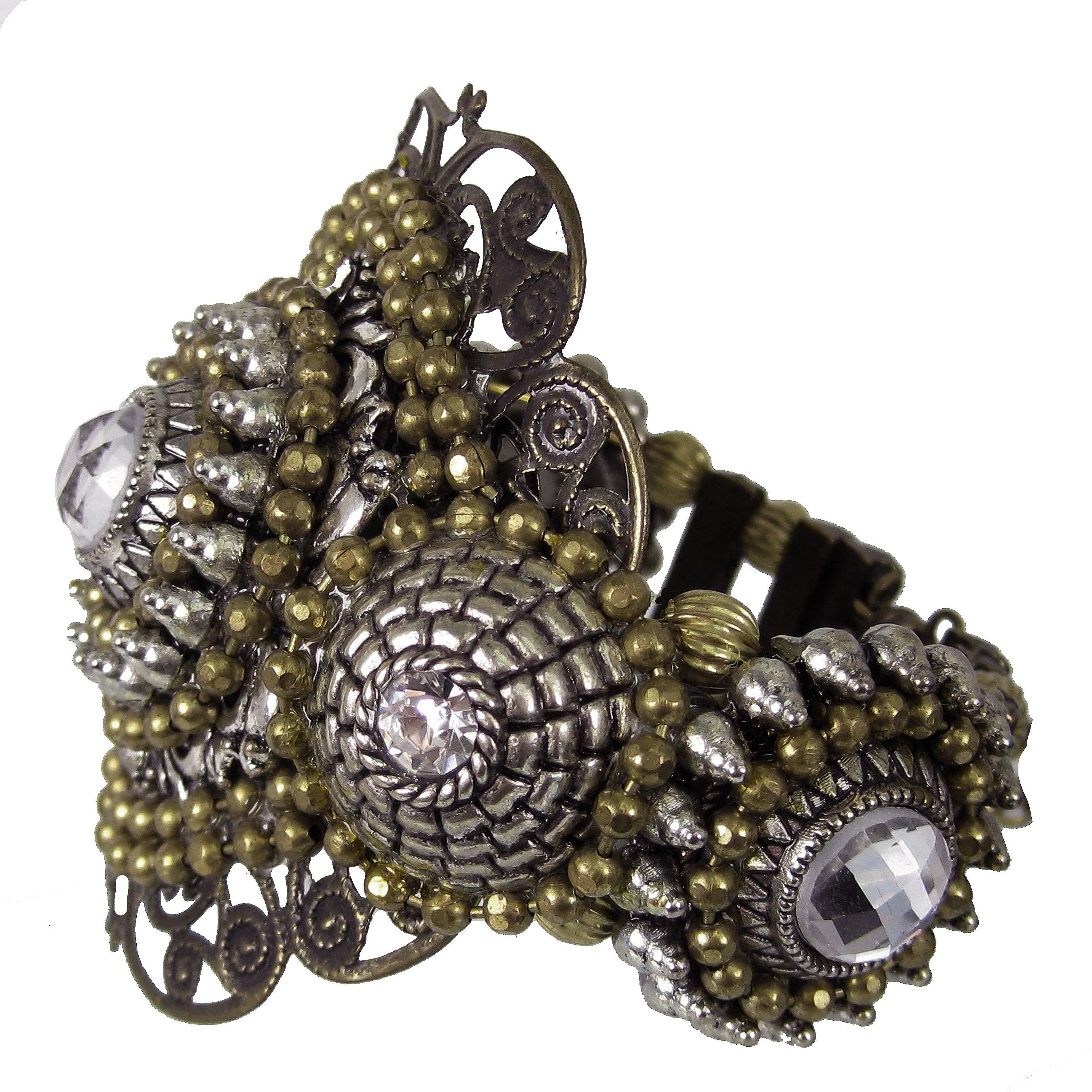 #1034b Gold & Silver Tone Filigree & Crystal Rhinestone Embellished Cuff Bracelet