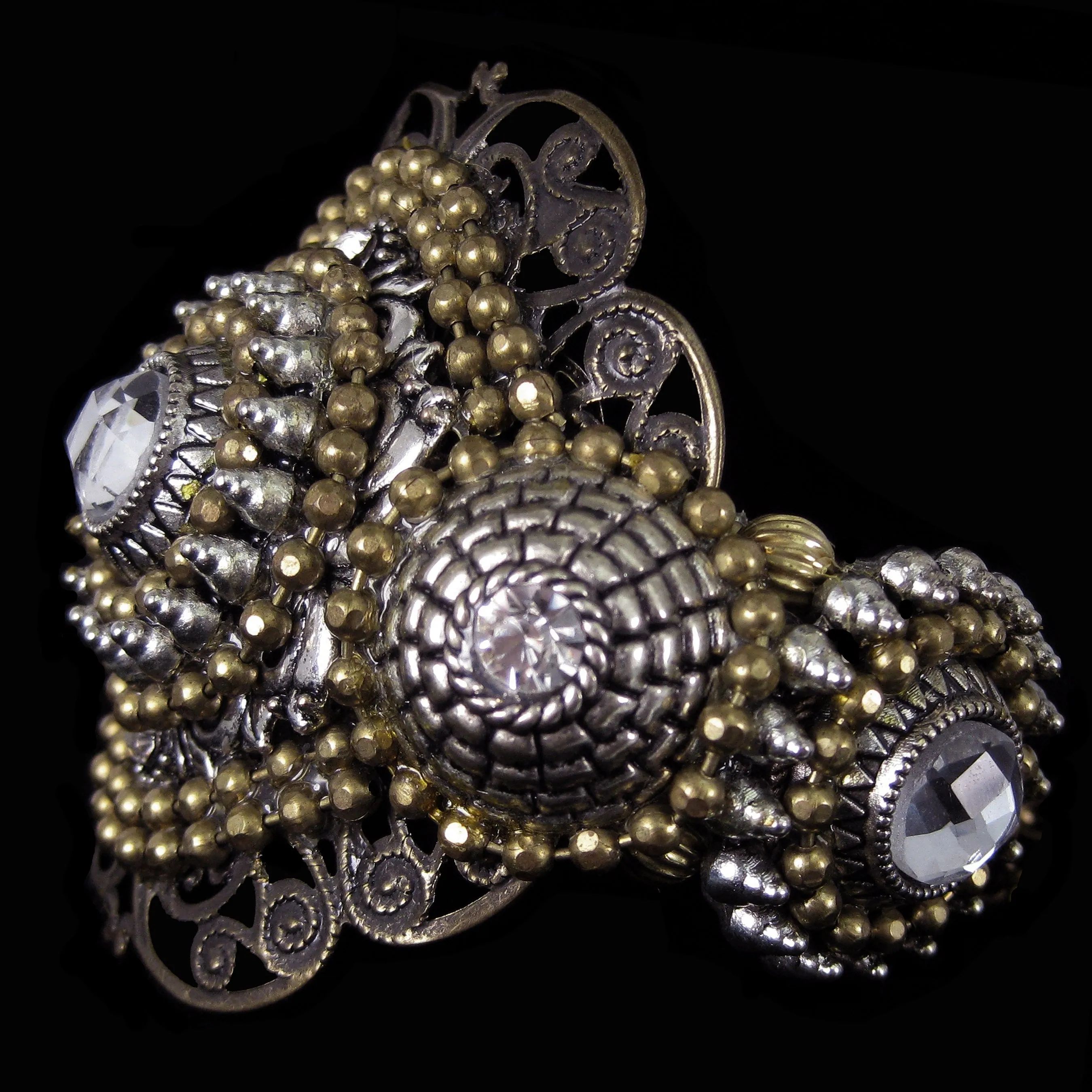 #1034b Gold & Silver Tone Filigree & Crystal Rhinestone Embellished Cuff Bracelet