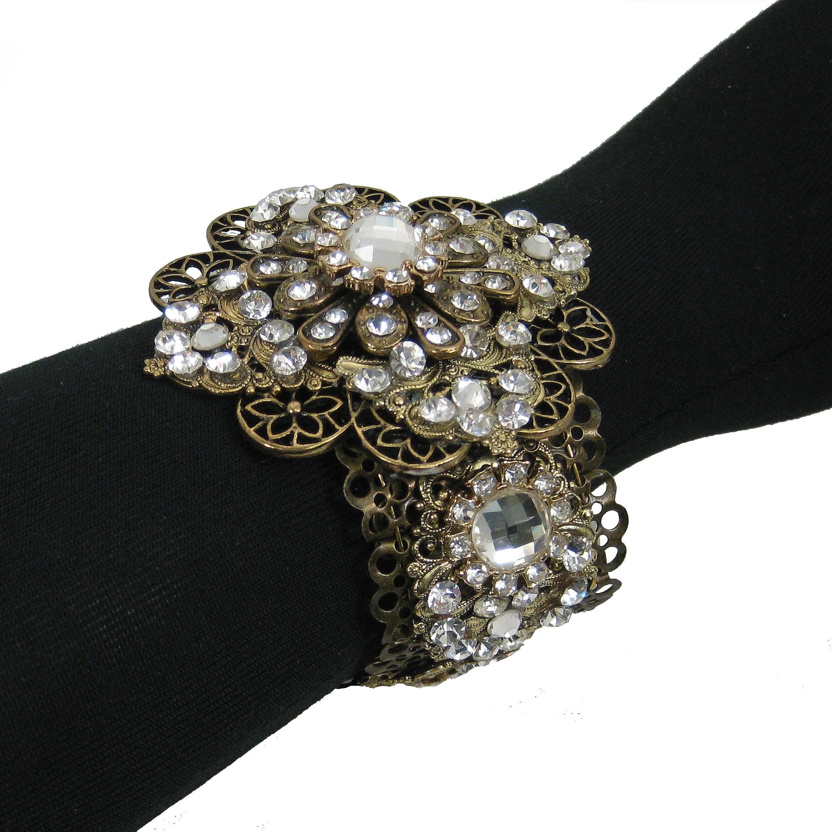 #1051b Gold Tone Filigree & Crystal Rhinestone Embellished Cuff Bracelet