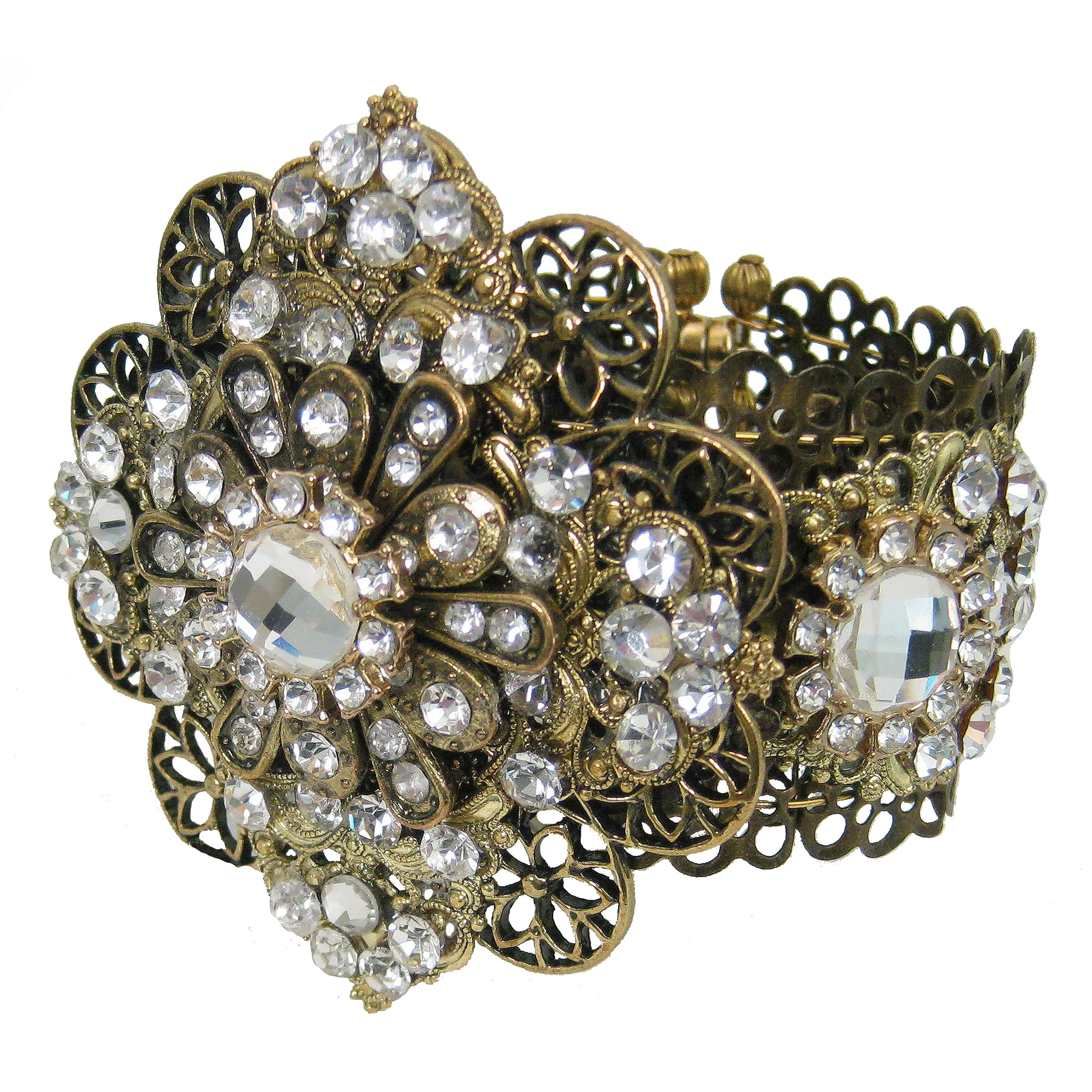 #1051b Gold Tone Filigree & Crystal Rhinestone Embellished Cuff Bracelet