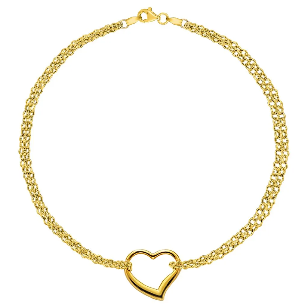 10K Yellow Gold Double Strand With Heart Anklet, 10"