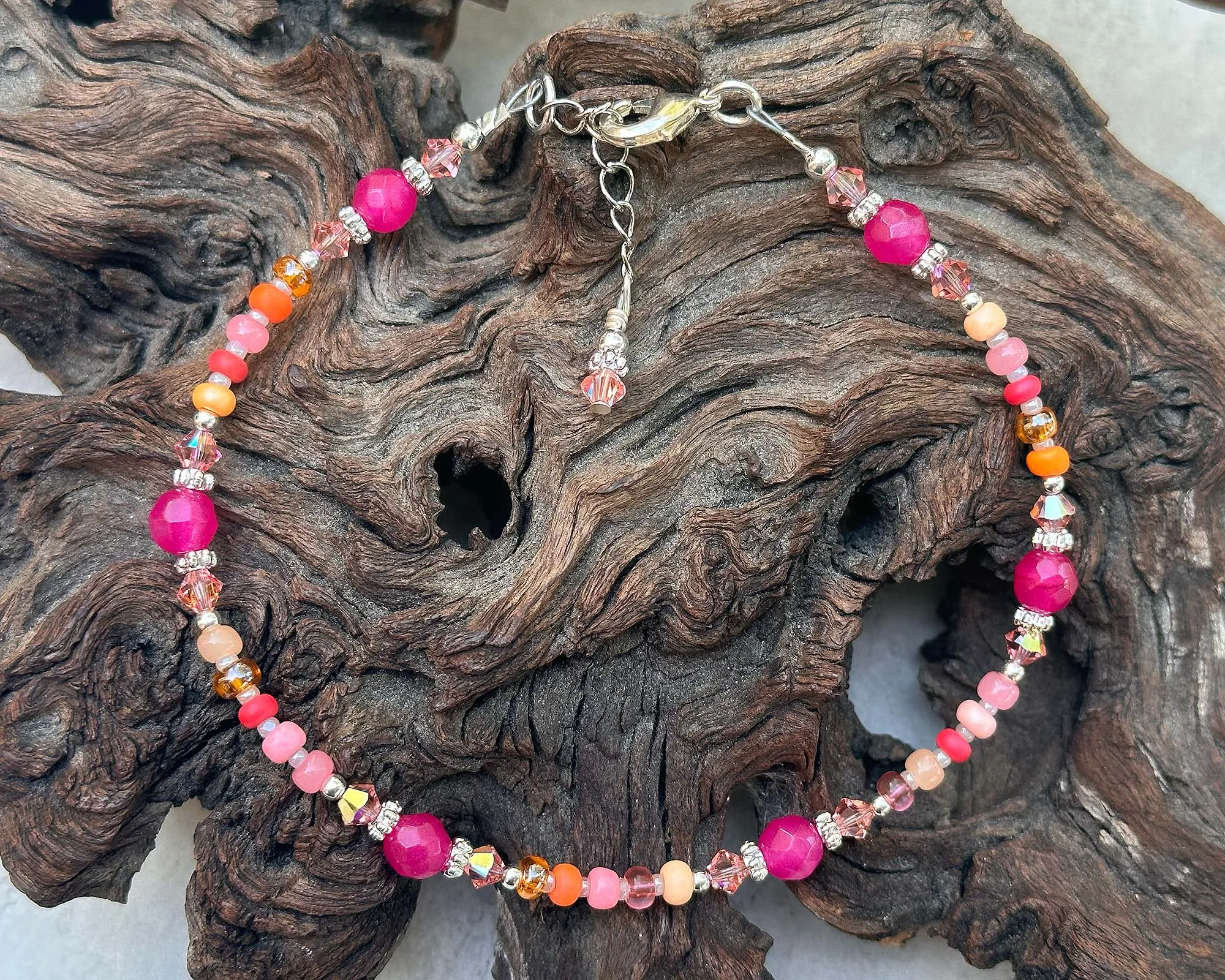 10" Hibiscus Peach Gemstone Beaded Anklet