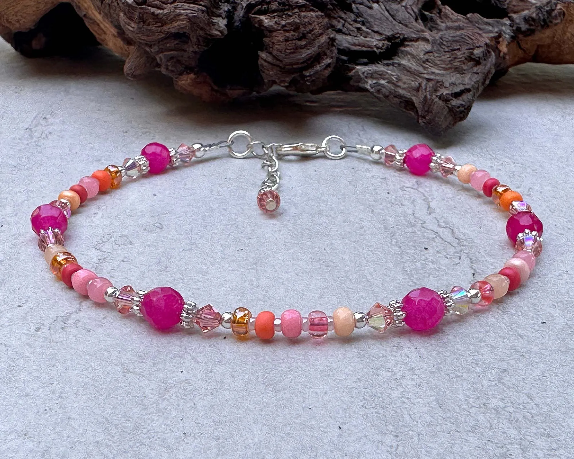 10" Hibiscus Peach Gemstone Beaded Anklet