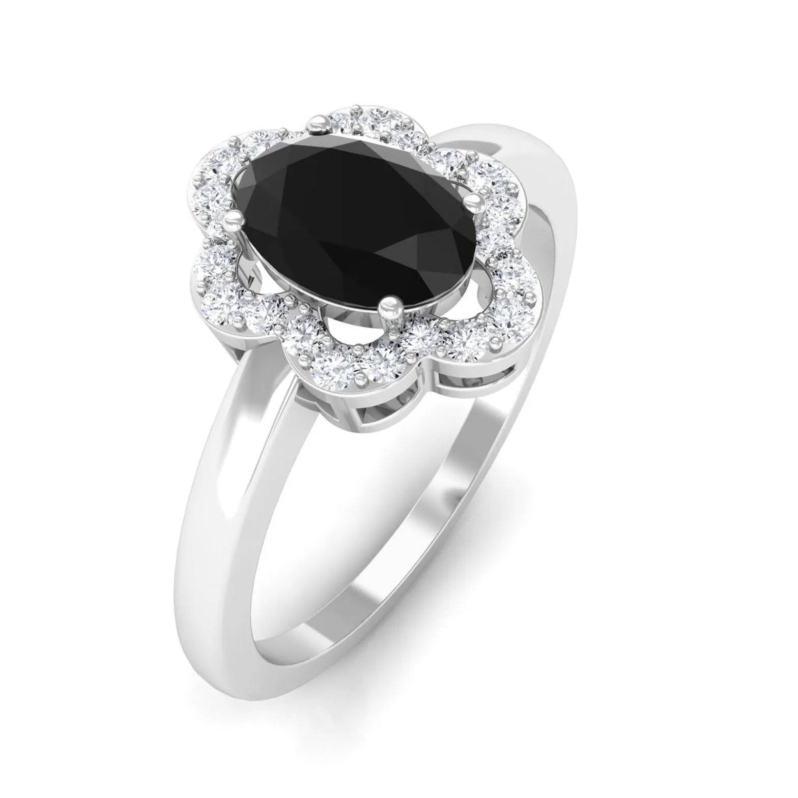 1.25 CT Oval Black Onyx Cocktail Engagement Ring with Diamond Floral Halo