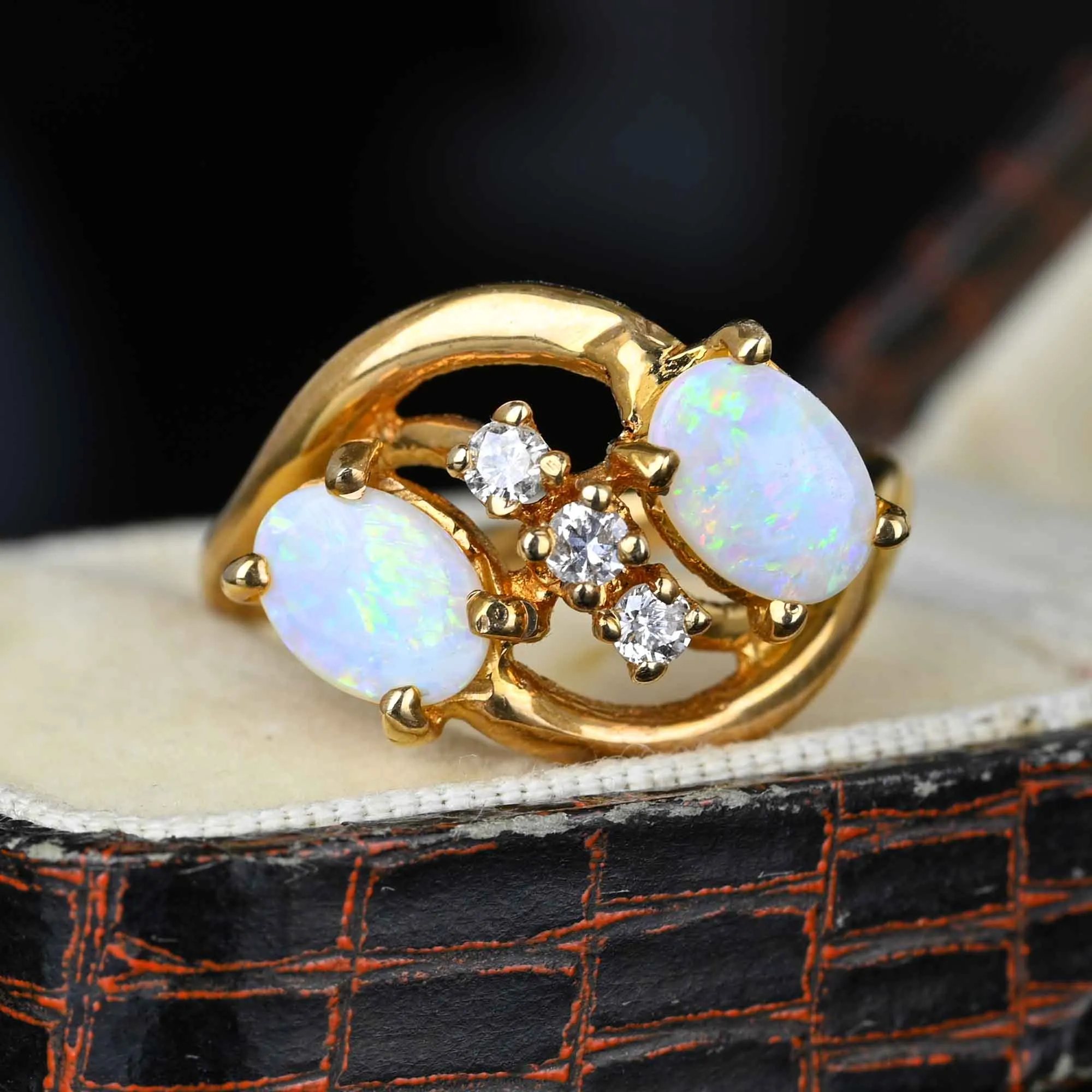 14K Gold Bypass Diamond Toi Et Moi Opal Cocktail Ring