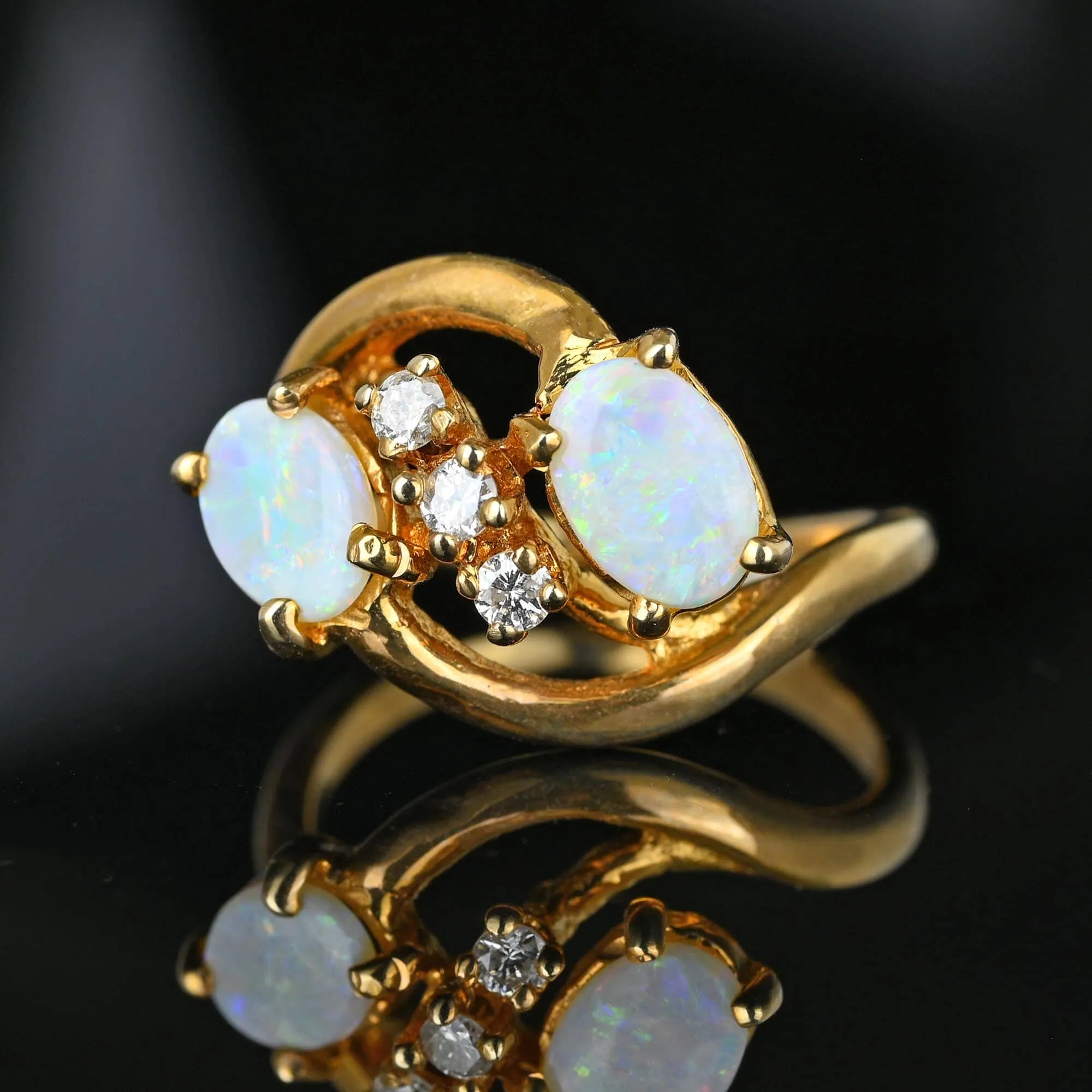 14K Gold Bypass Diamond Toi Et Moi Opal Cocktail Ring