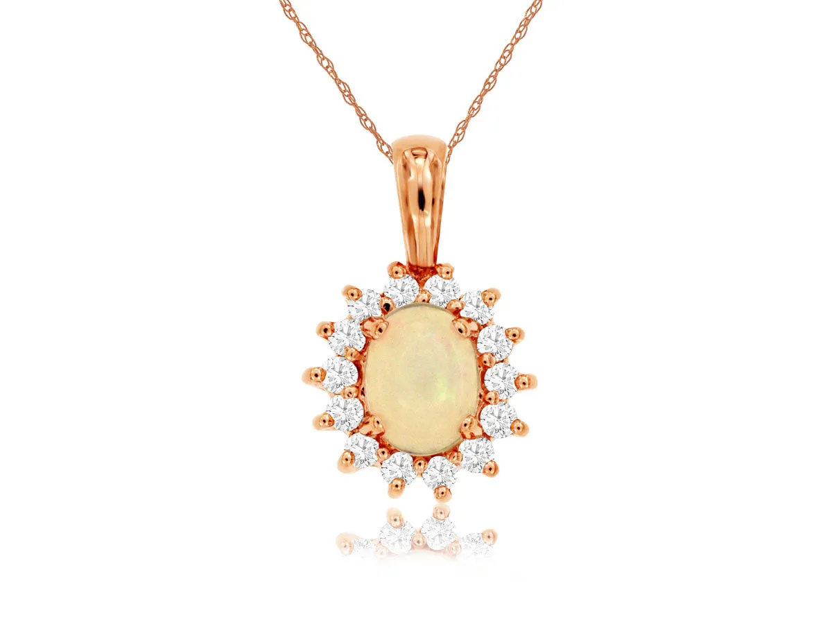 14K Rose Gold Opal with Diamond Halo Necklace