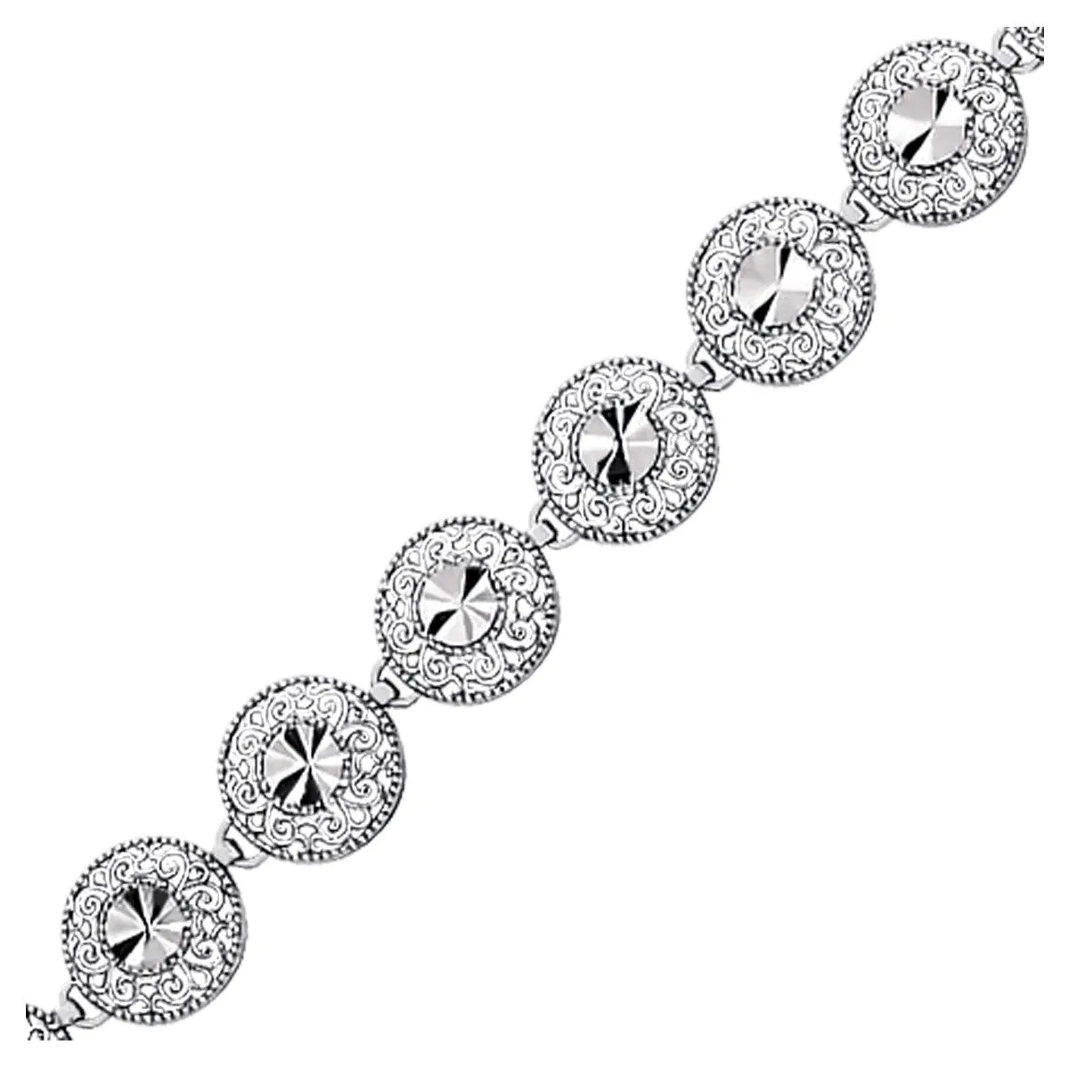 14k White Gold Antique Look Filigree Round Diamond Cut Link Bracelet