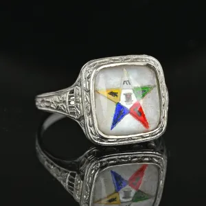 14K White Gold Filigree Essex Crystal Masonic OES Star Ring