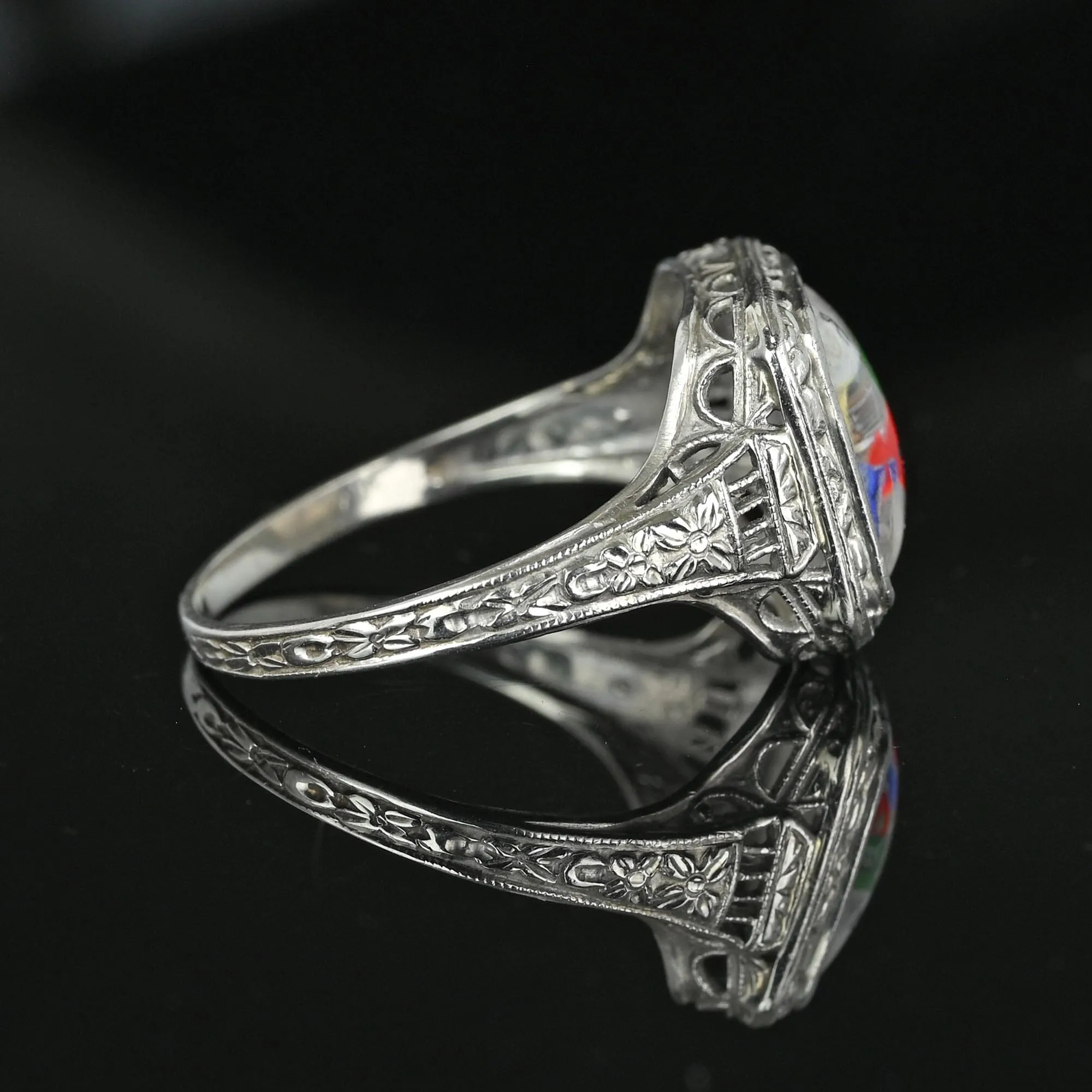 14K White Gold Filigree Essex Crystal Masonic OES Star Ring