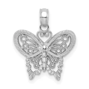 14K White Gold Open Back Solid Polished Finish Textured Filigree Beaded Butterfly Charm Pendant