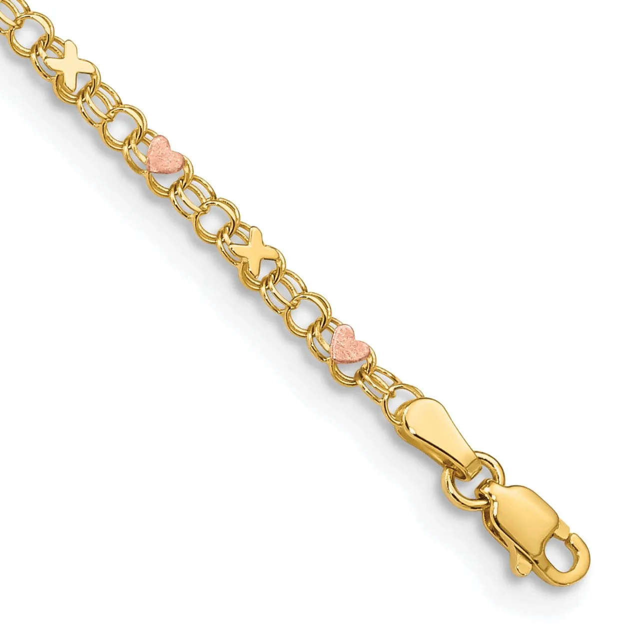 14k Yellow Gold Rhodium X's Hearts Anklet