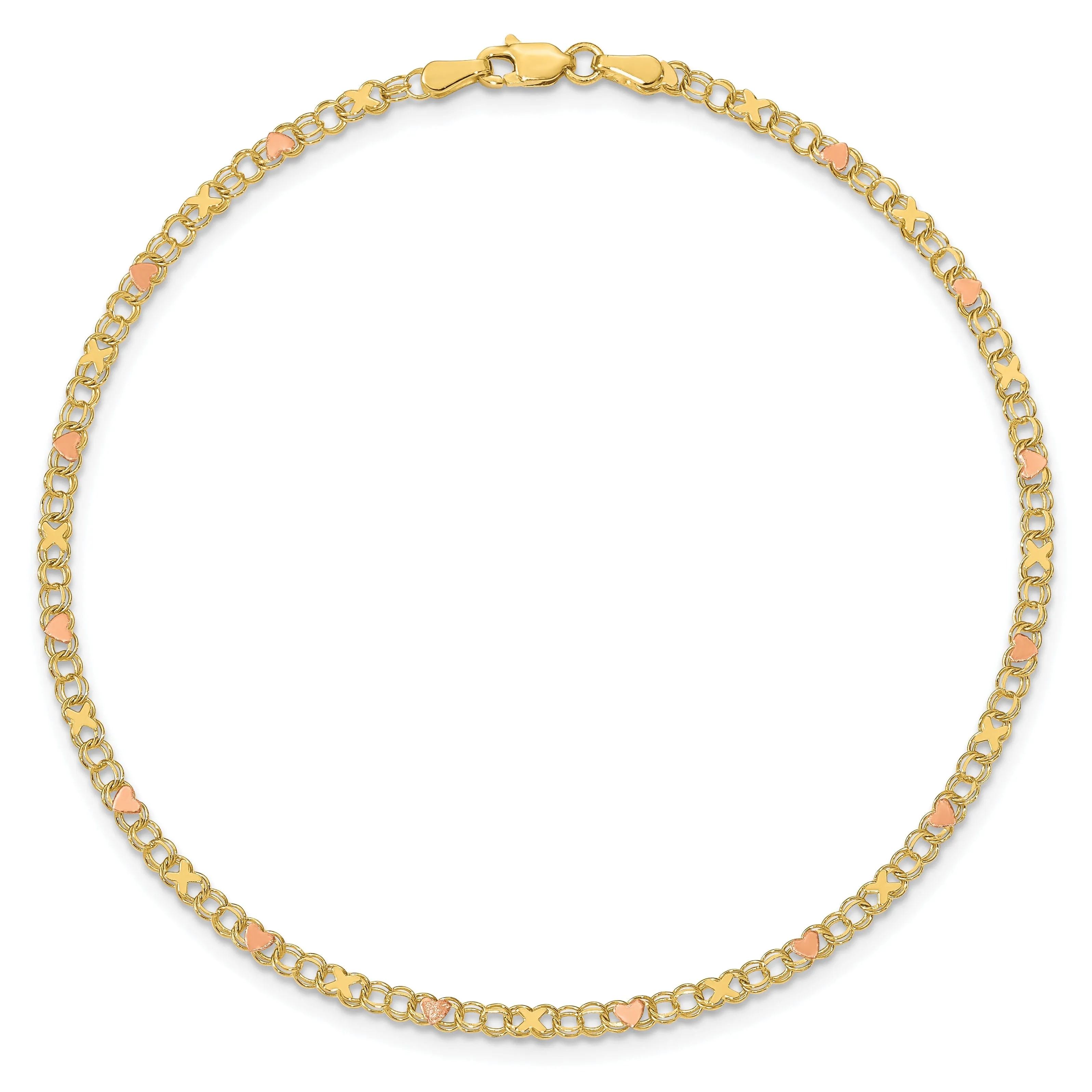 14k Yellow Gold Rhodium X's Hearts Anklet