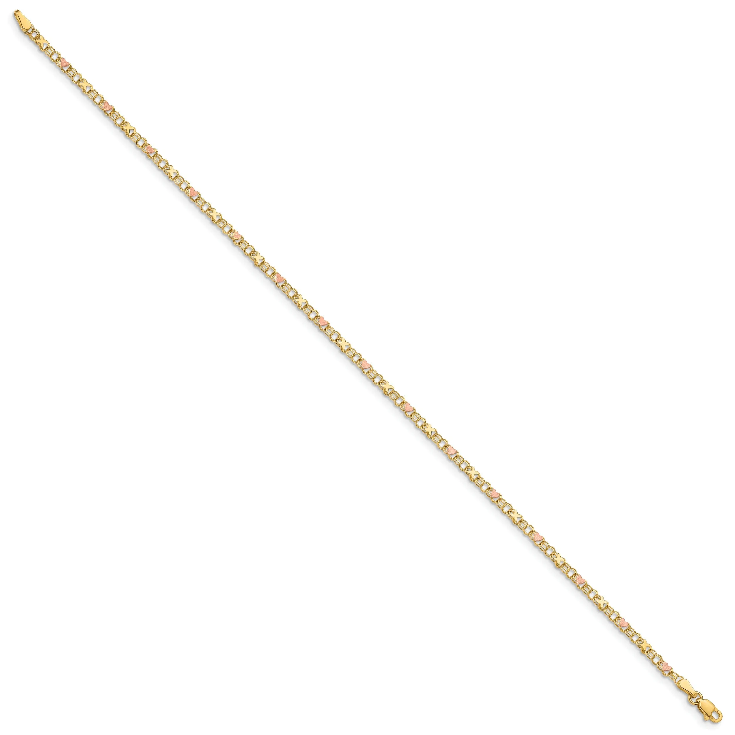 14k Yellow Gold Rhodium X's Hearts Anklet