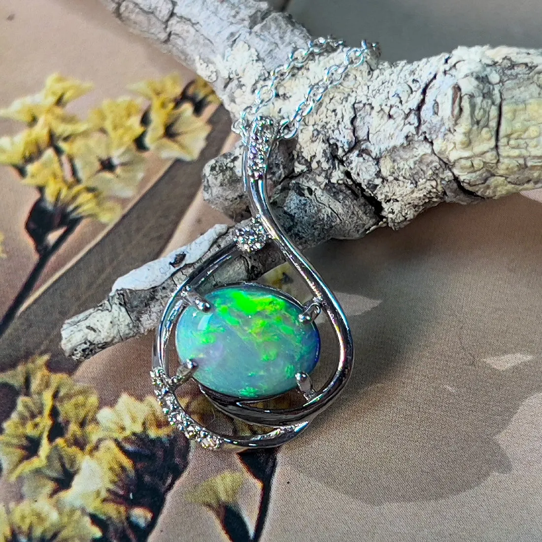 14Kt White Gold Black Opal 2.08ct & Diamond Pendant - Dainty Opal Necklace, Elegant Gift for Her, Minimalist & Gold Women's Necklace