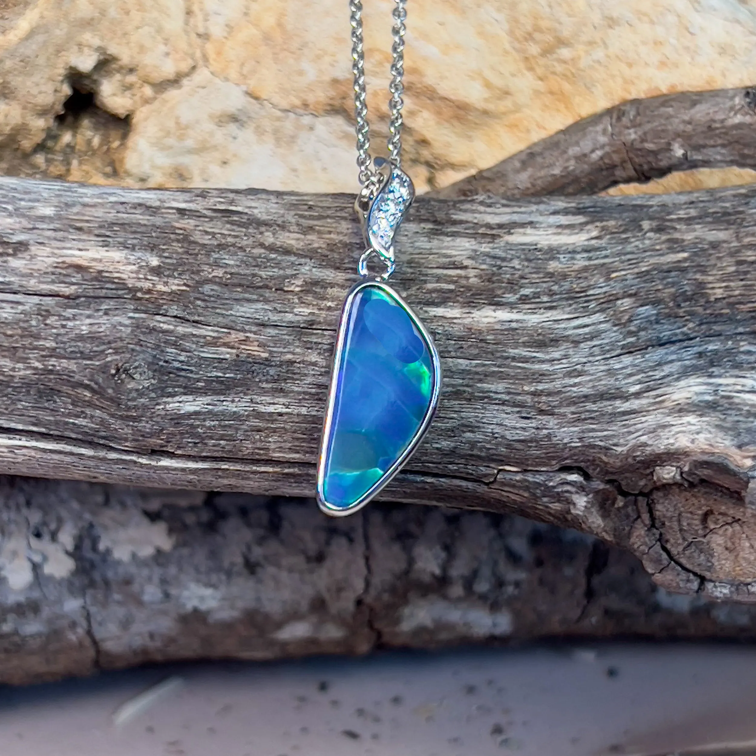 14kt White Gold triangle shape Blue Green Opal doublet and diamond pendant