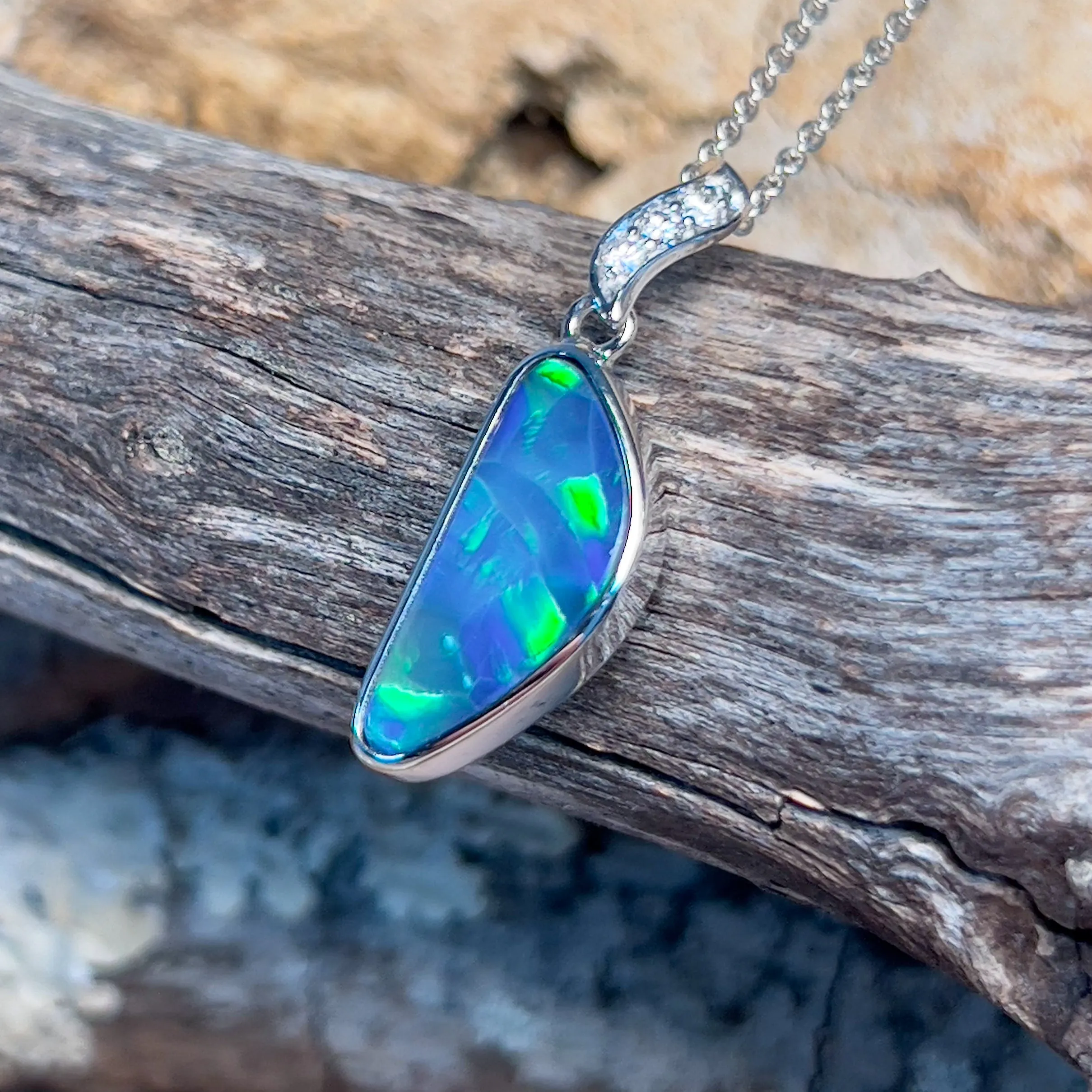 14kt White Gold triangle shape Blue Green Opal doublet and diamond pendant