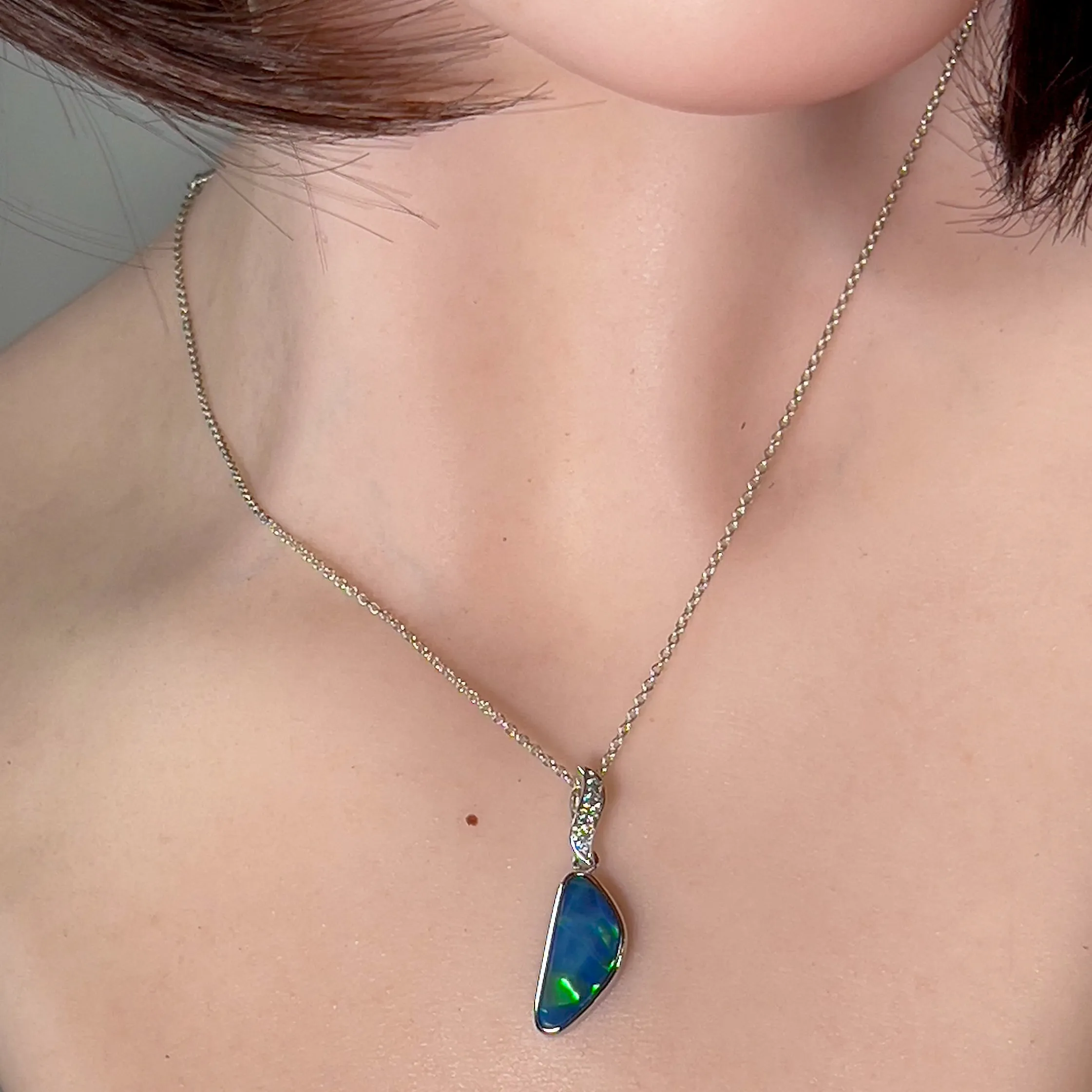 14kt White Gold triangle shape Blue Green Opal doublet and diamond pendant