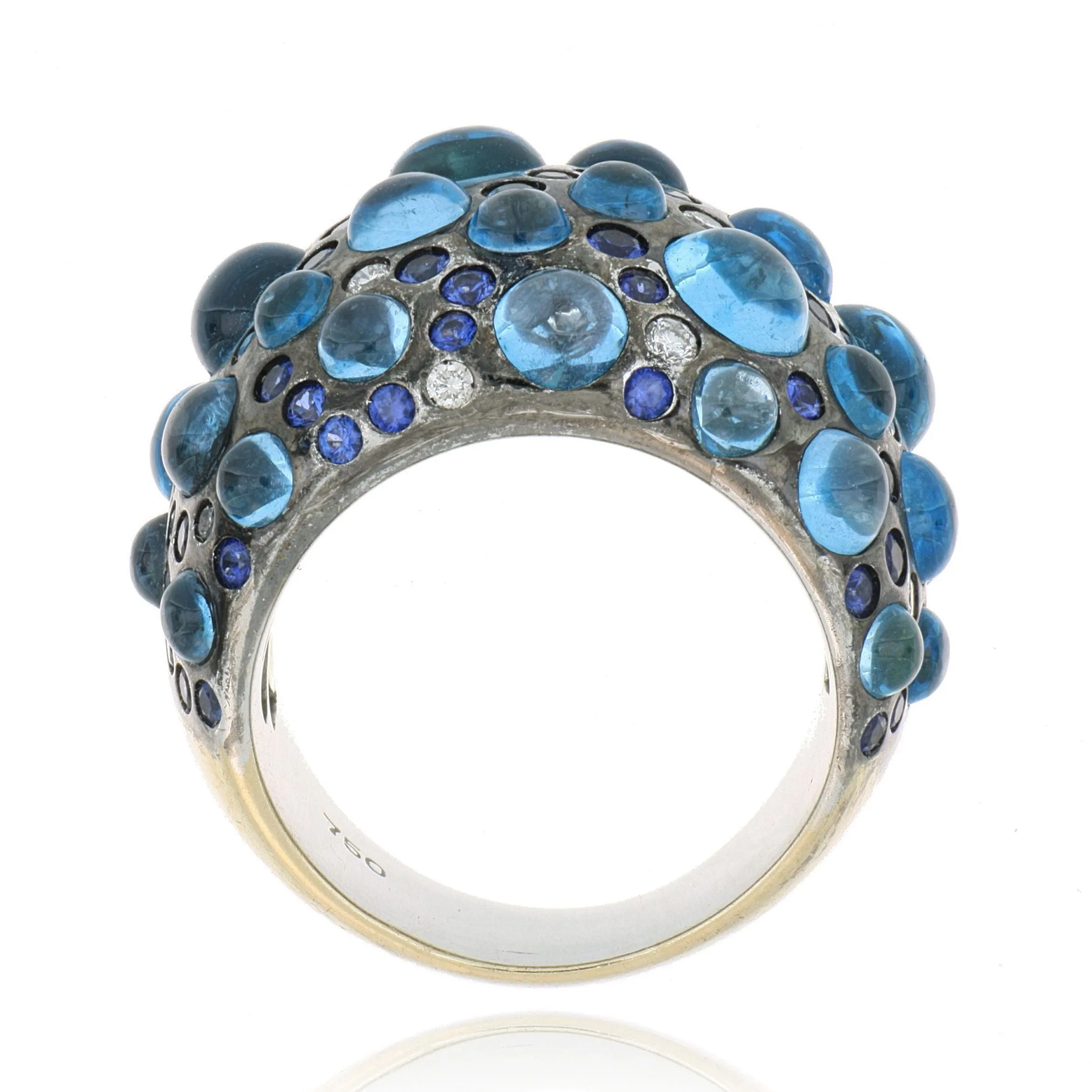 18k White Gold Blue Sapphire, Blue Topaz and White Diamond Accented Cocktail ring