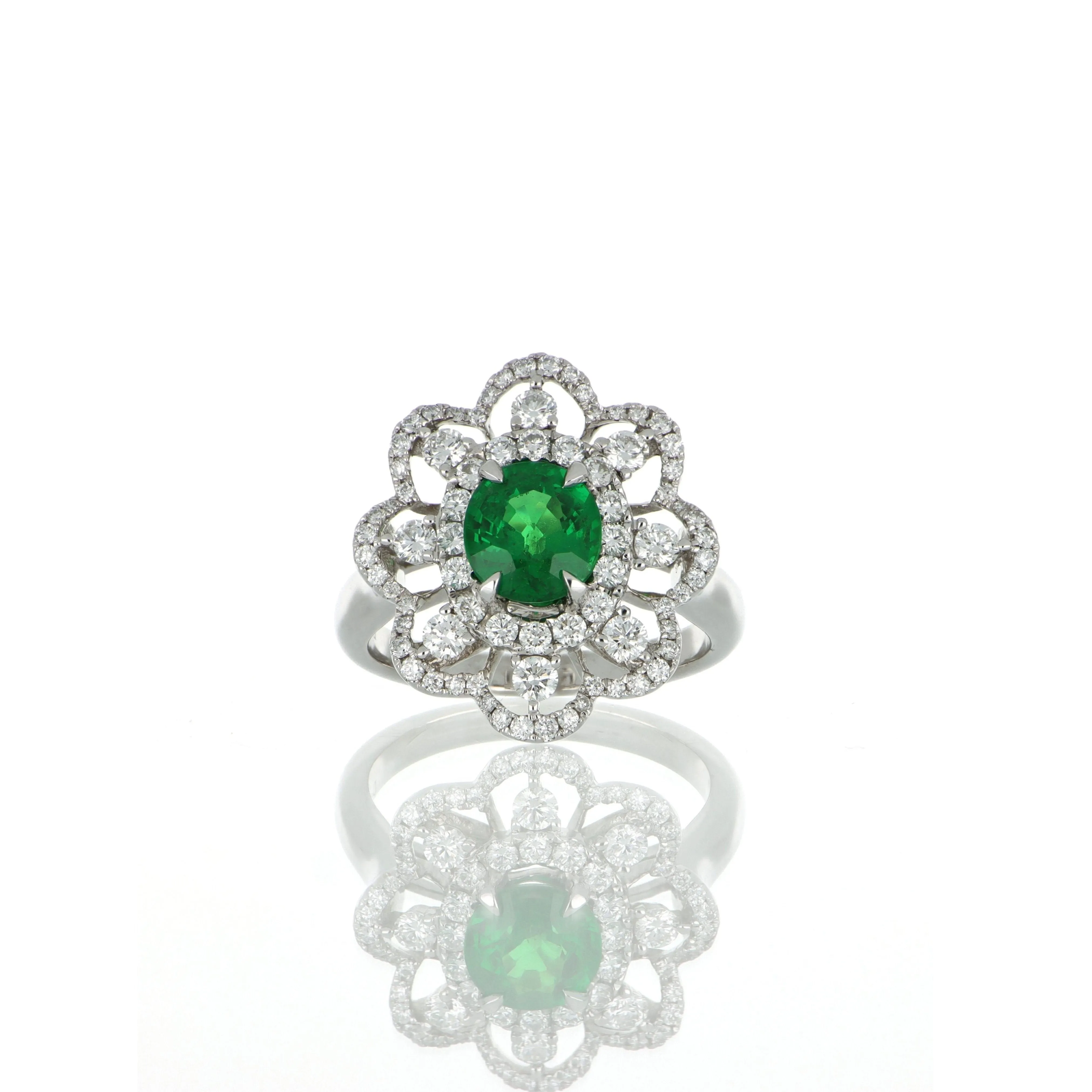 18k White Gold Tsavorite and Diamond Flower Cocktail Ring