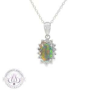 18Kt White Gold Cluster Pendant - 0.88ct Black Opal & Diamonds, Elegant Minimalist Necklace, Perfect Crystal & Birthstone Gift for Her, Women's Necklace