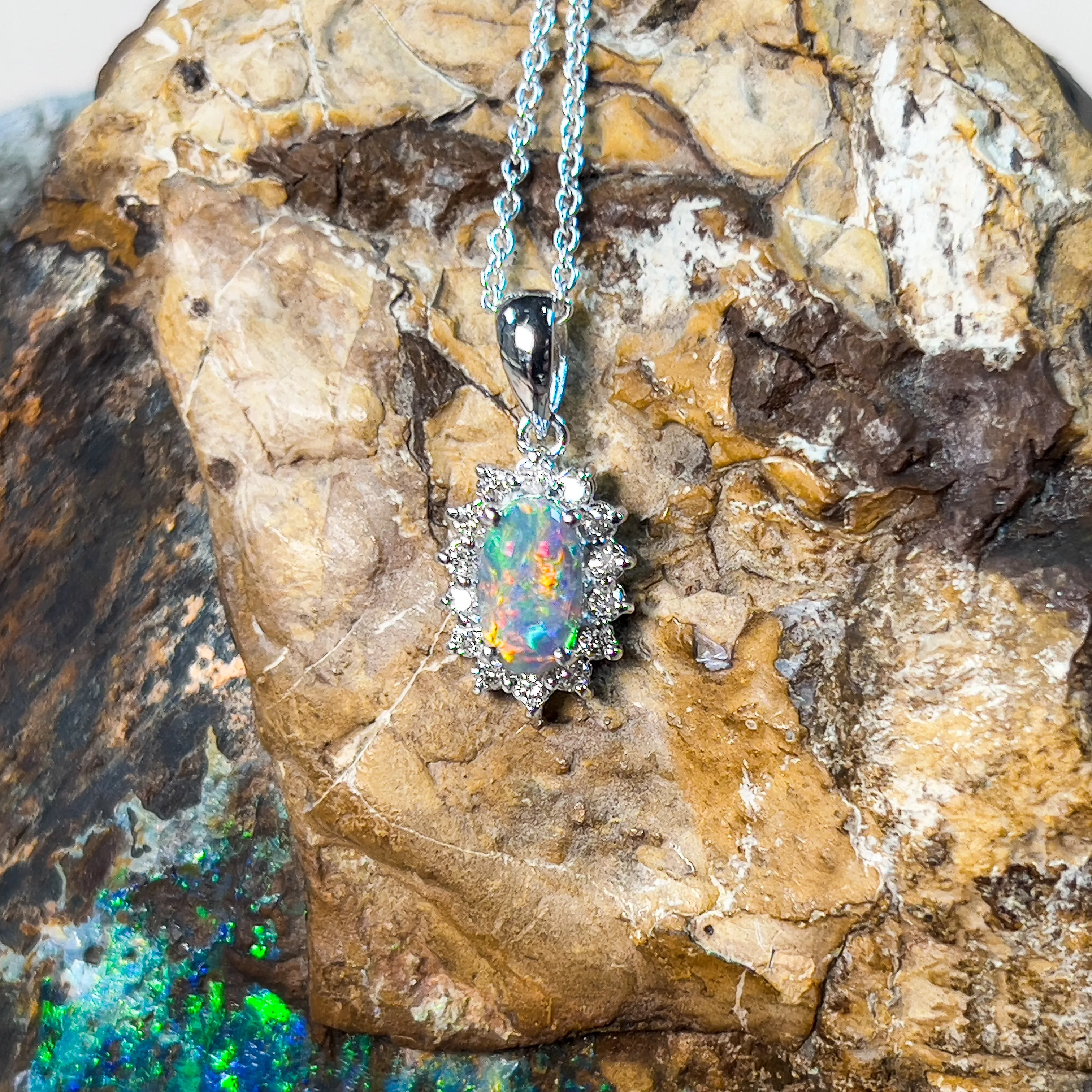 18Kt White Gold Cluster Pendant - 0.88ct Black Opal & Diamonds, Elegant Minimalist Necklace, Perfect Crystal & Birthstone Gift for Her, Women's Necklace