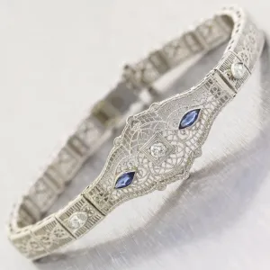 1930 Art Deco 14k White Gold .50ct Marquise Sapphire & Diamond Filigree Bracelet