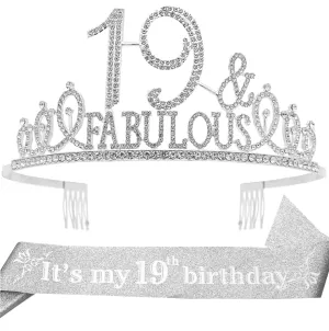 19th Birthday Gifts for Girls,19th Birthday Tiara and Sash Silver,19th Birthday