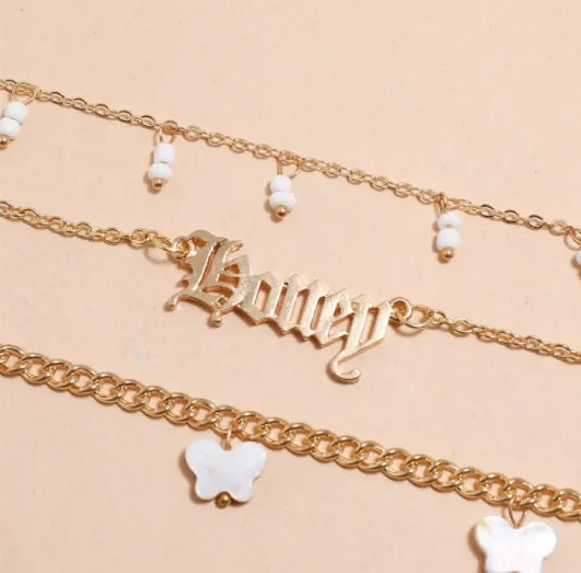 3 Pcs Custom Butterfly Name Anklet Set, Custom Ankle Name Bracelet, Personalized Anklet, Initial Beach Jewelry Gift for Women, Dainty Summer