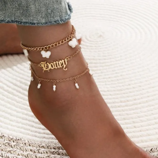 3 Pcs Custom Butterfly Name Anklet Set, Custom Ankle Name Bracelet, Personalized Anklet, Initial Beach Jewelry Gift for Women, Dainty Summer