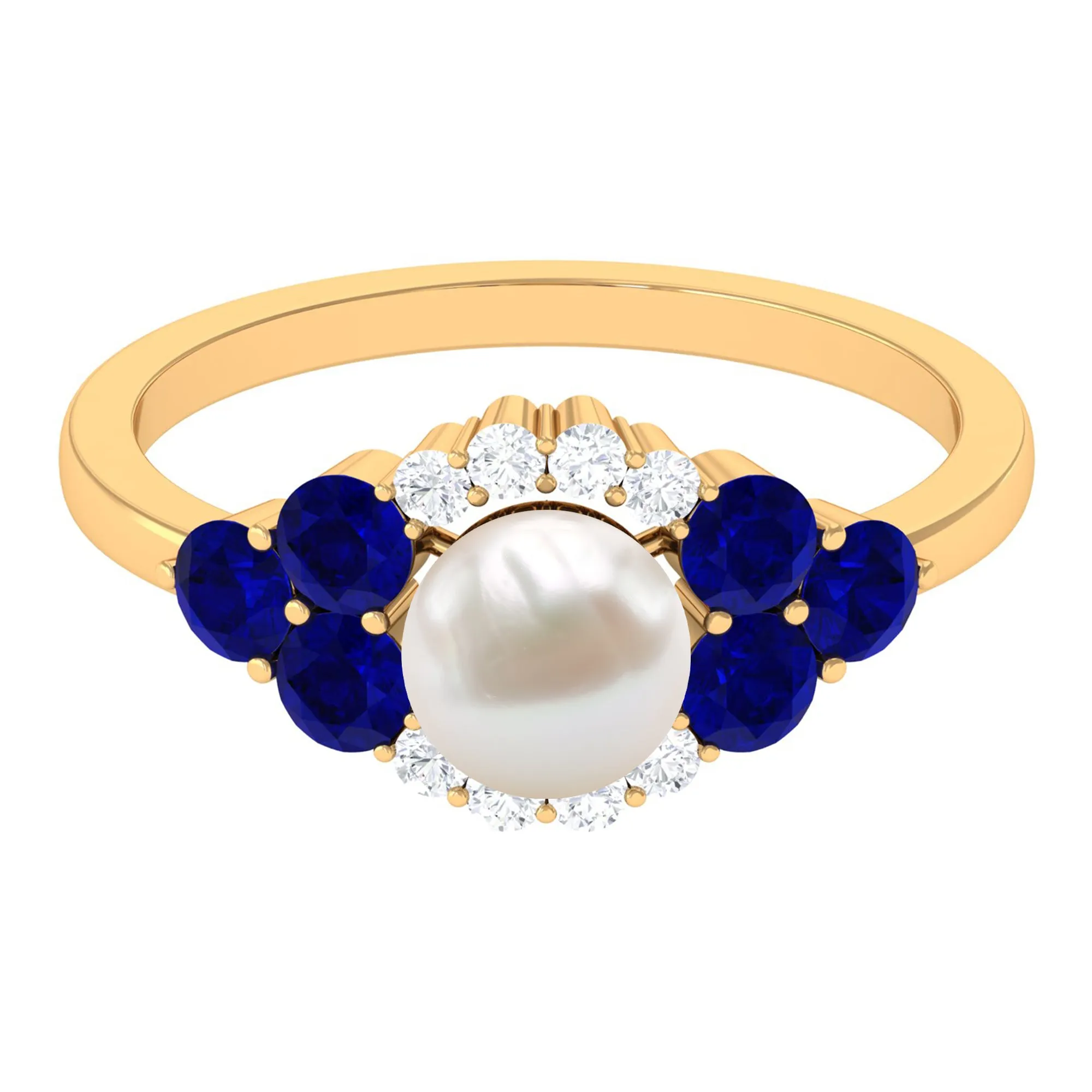 3.5 CT Freshwater Pearl Cocktail Ring with Blue Sapphire and Moissanite