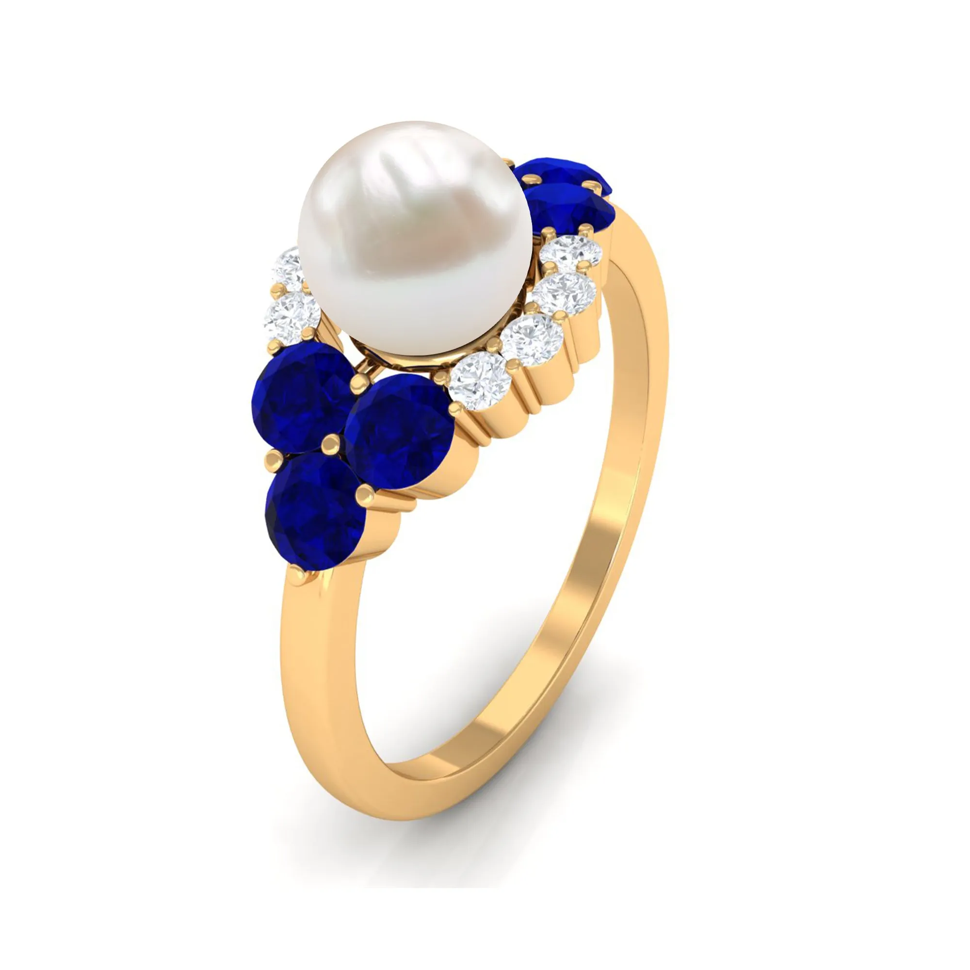 3.5 CT Freshwater Pearl Cocktail Ring with Blue Sapphire and Moissanite