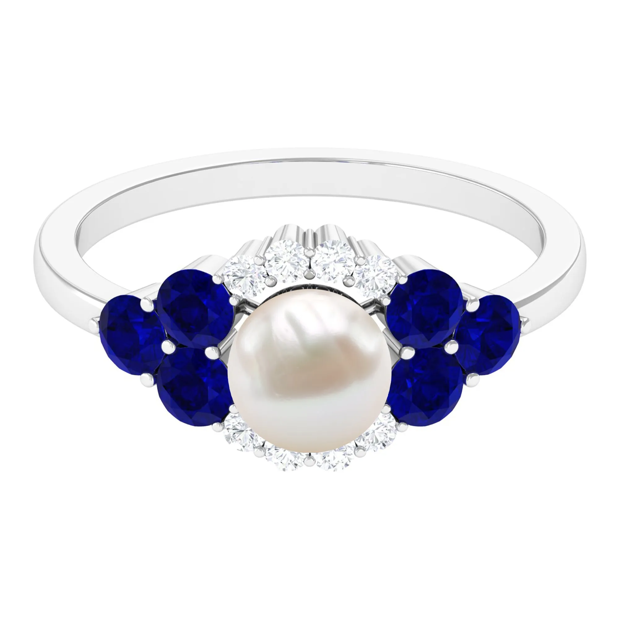 3.5 CT Freshwater Pearl Cocktail Ring with Blue Sapphire and Moissanite