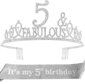 5th Birthday Gifts for Girls,5th Birthday Tiara and Sash Silver,5th Birthday Decorations