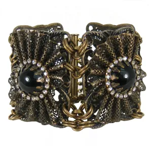 #785b Old Gold Filigree, Jet & Rhinestone Cuff Bracelet