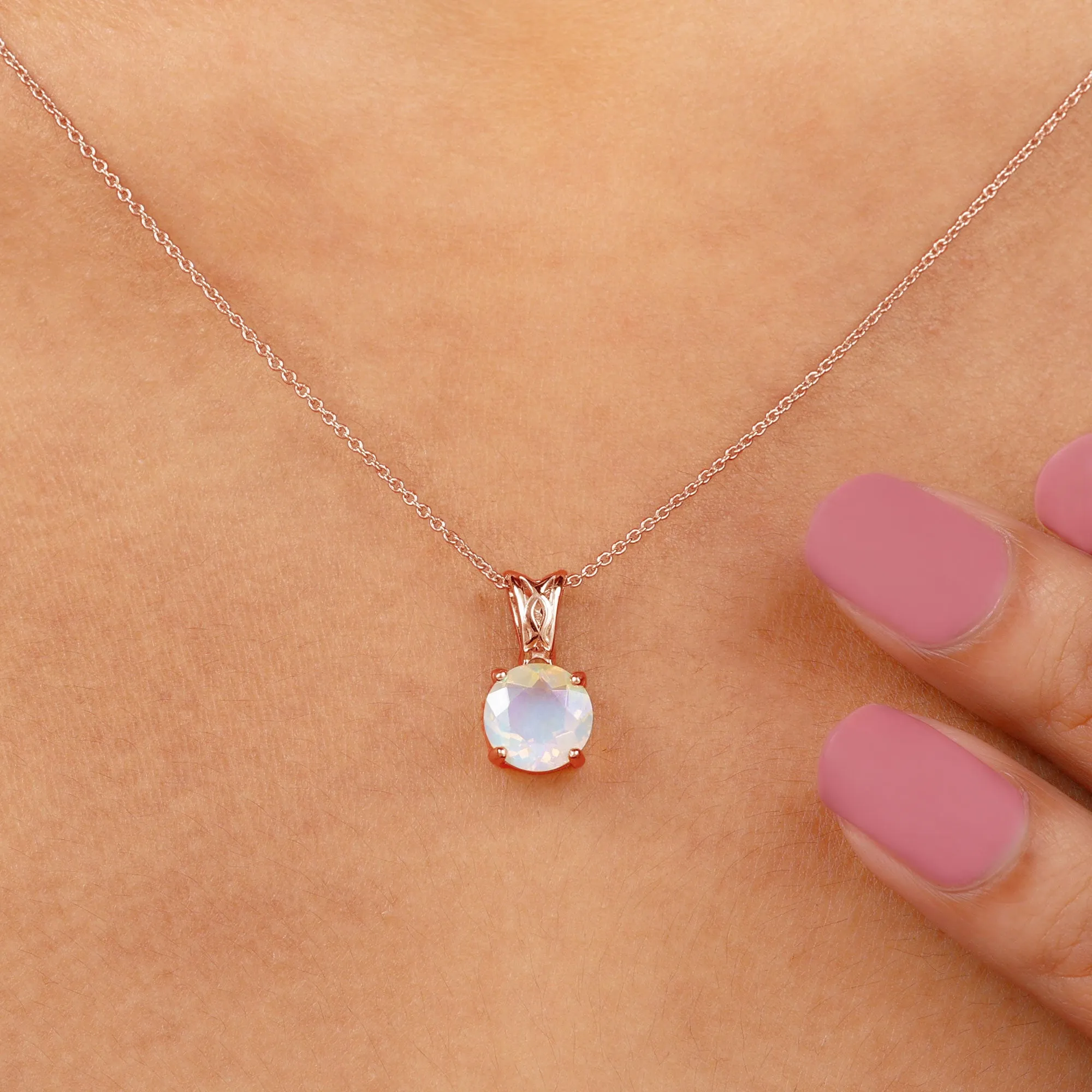 8X8 MM Round Shape Ethiopian Opal Solitaire Pendant in 4 Prong Setting with Decorative Bail