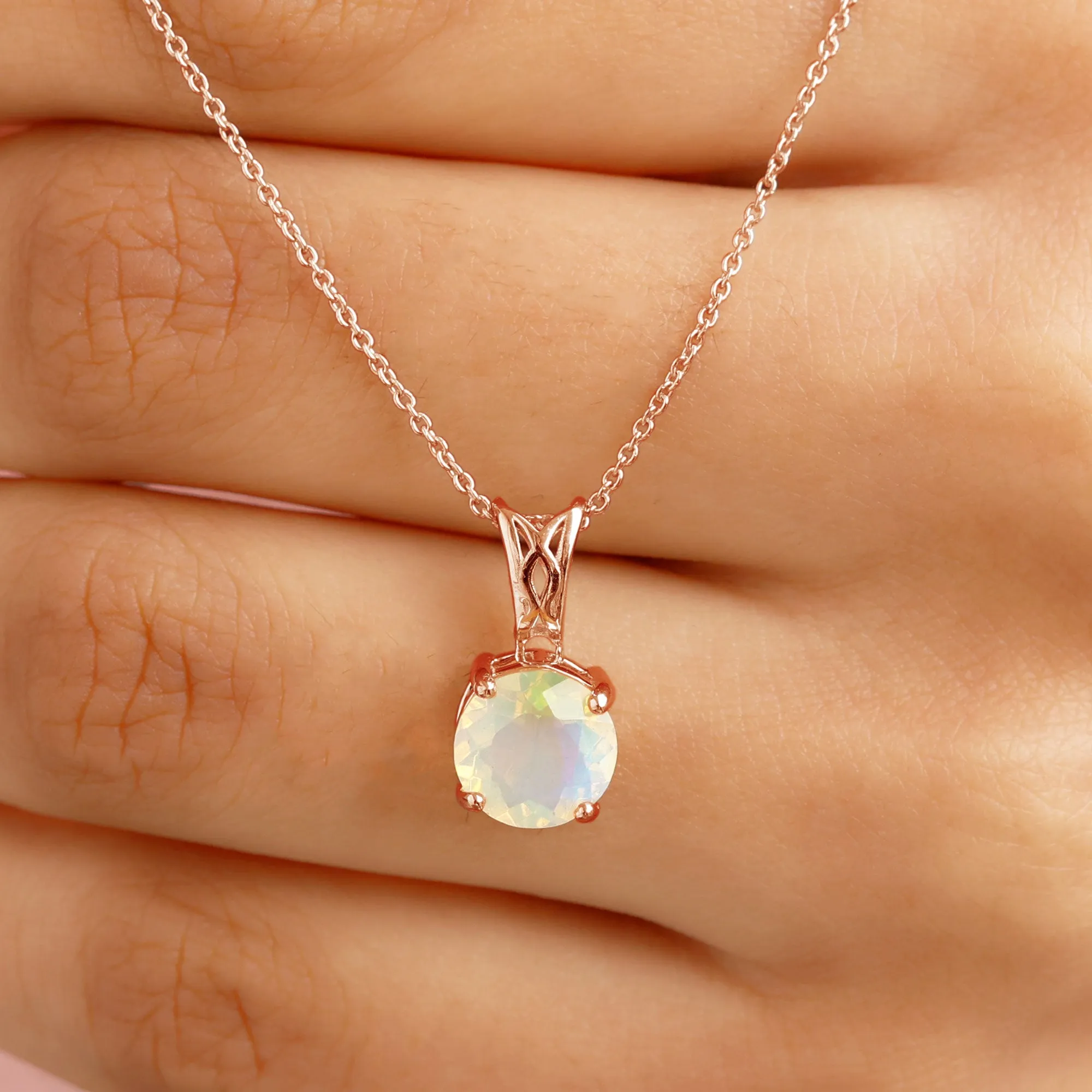 8X8 MM Round Shape Ethiopian Opal Solitaire Pendant in 4 Prong Setting with Decorative Bail