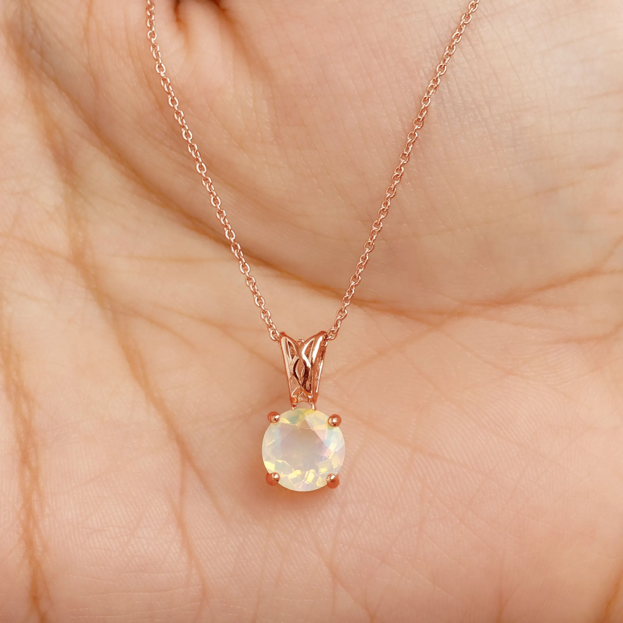 8X8 MM Round Shape Ethiopian Opal Solitaire Pendant in 4 Prong Setting with Decorative Bail