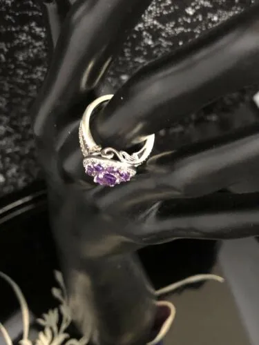 925 P☆M Hallmarked Genuine Amethyst Cocktail Ring Size 7 with CZ Accents