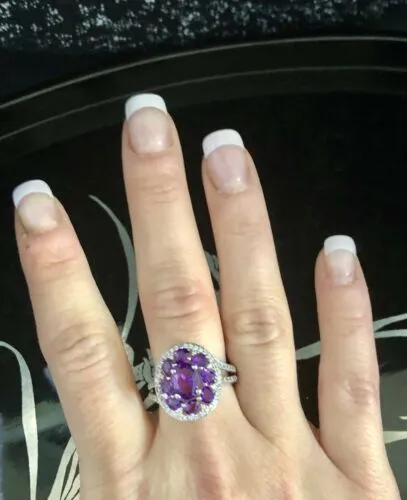 925 P☆M Hallmarked Genuine Amethyst Cocktail Ring Size 7 with CZ Accents