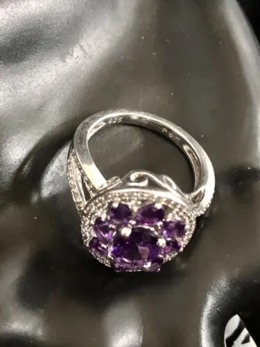 925 P☆M Hallmarked Genuine Amethyst Cocktail Ring Size 7 with CZ Accents