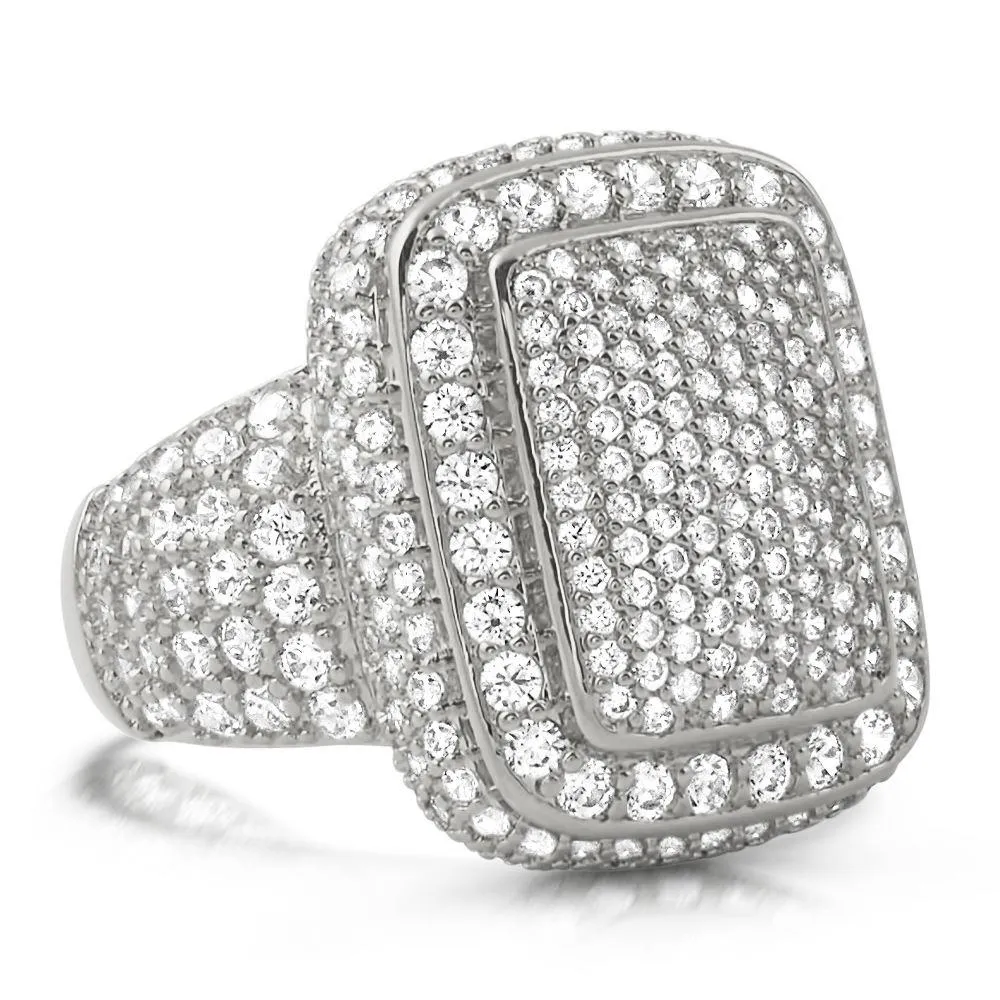 .925 Silver Cocktail Chunky Ice Bling Bling CZ Mens Ring in Rhodium