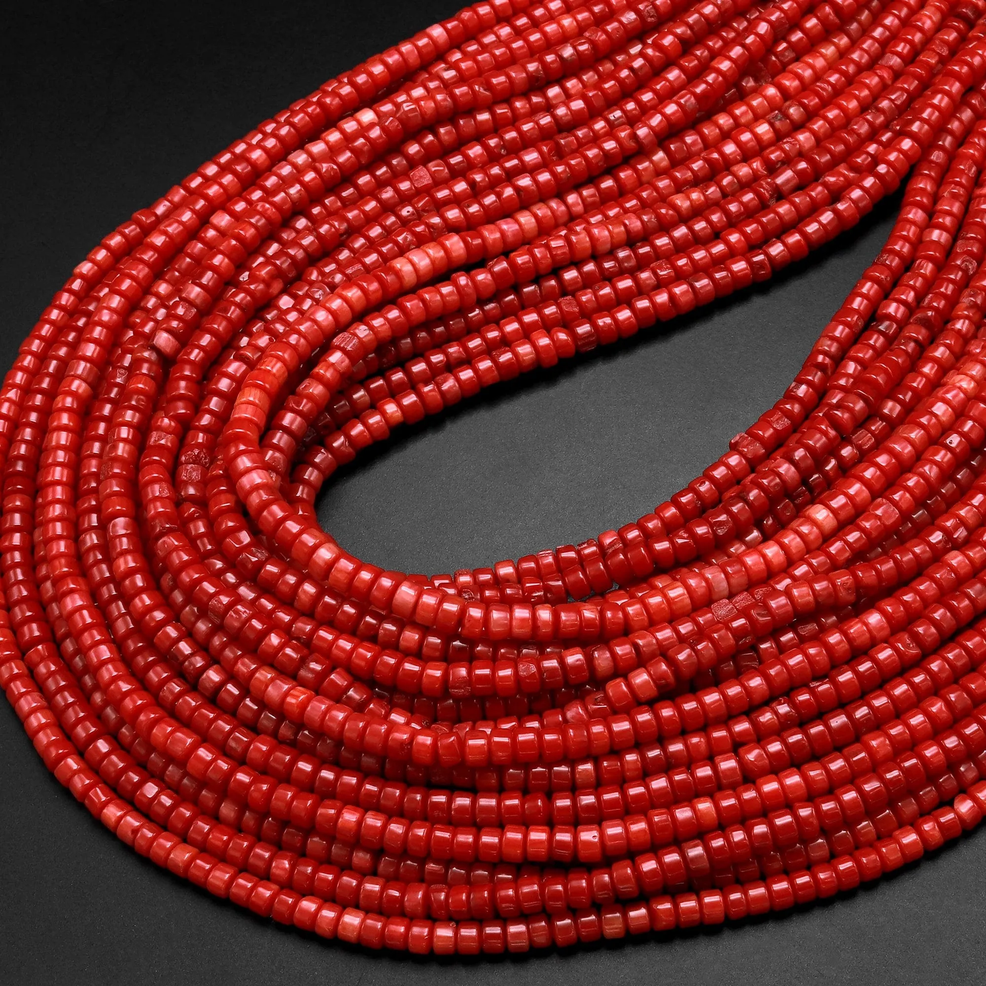 AAA Genuine Red Bamboo Coral Smooth Heishi Rondelle Beads 3mm 4mm 15.5" Strand