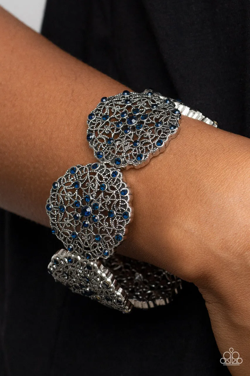 All in the Details - Blue - Rhinestone Silver Filigree Stretchy Bracelet