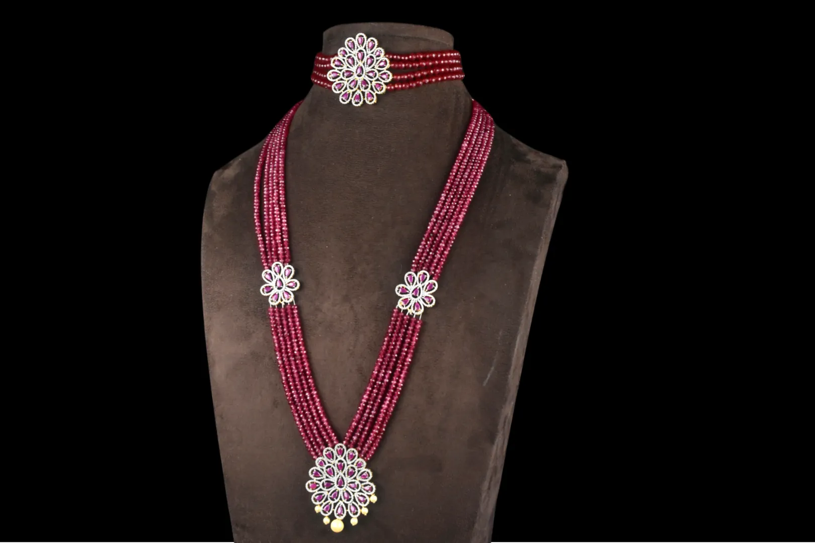 American Diamond Ruby Beads Choker With Long Haram Combo Set By Asp Fashion Jewellery