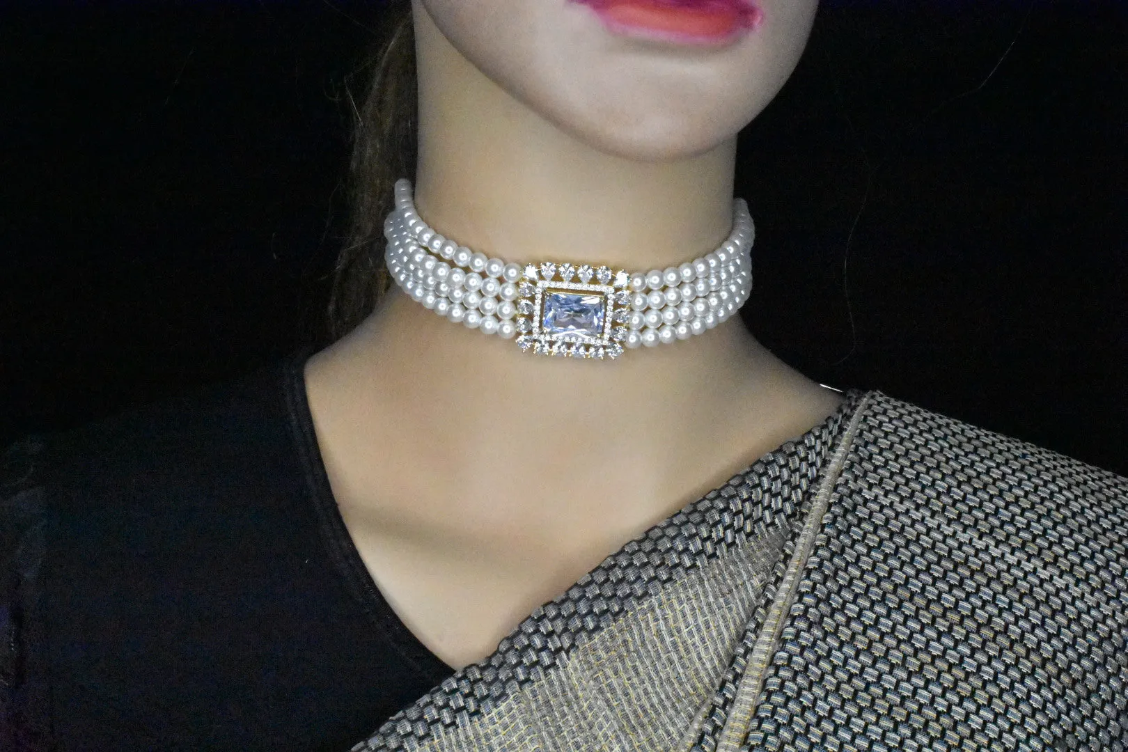 American Diamonds Brooch & Pearls Choker By Asp Fashion Jewellery