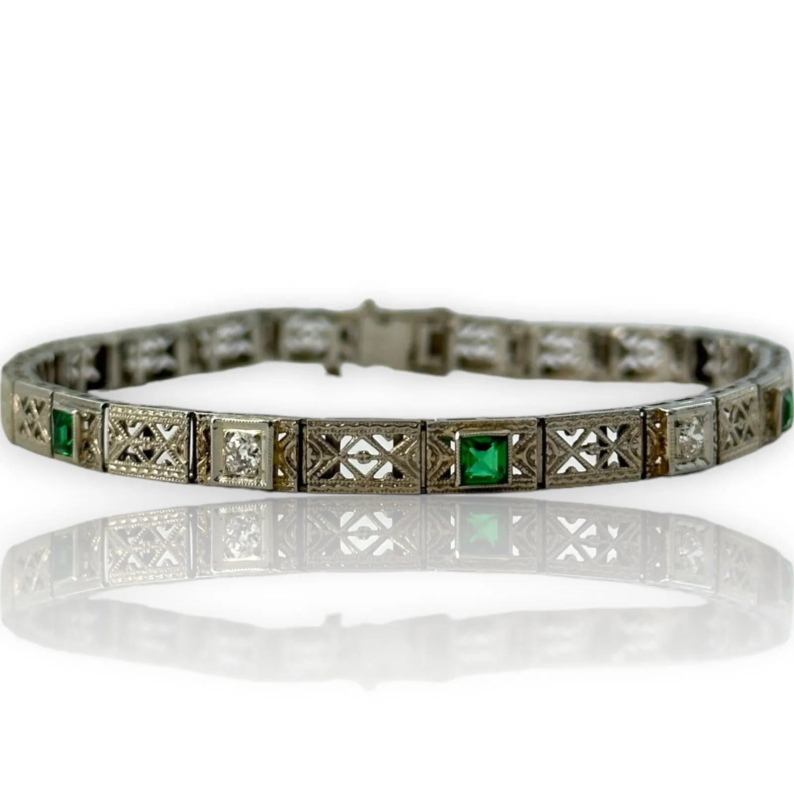 Antique Art Deco 1920s Solid 14kt White Gold Filigree 7.25" Bracelet with Diamonds and Simulated Glass Emeralds