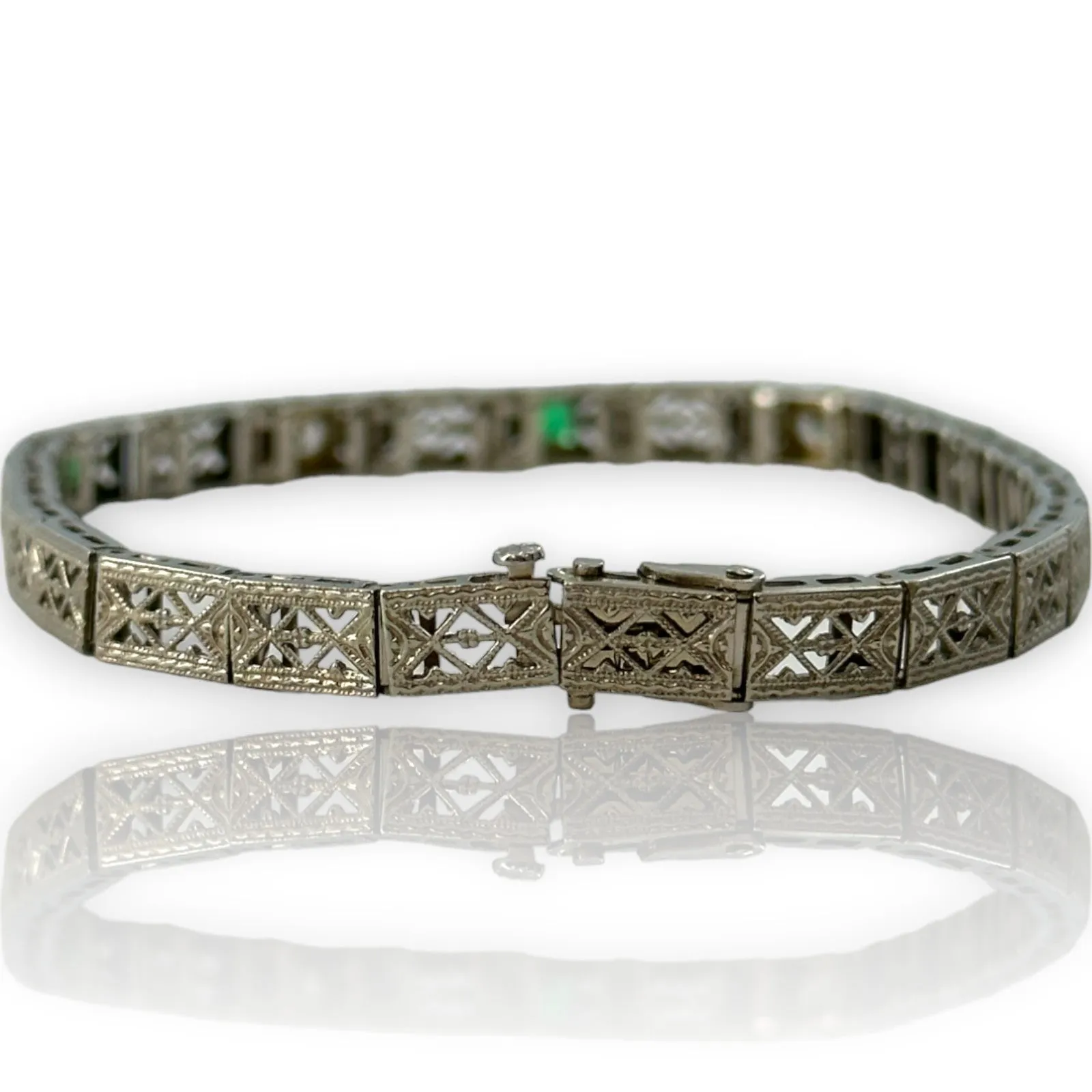 Antique Art Deco 1920s Solid 14kt White Gold Filigree 7.25" Bracelet with Diamonds and Simulated Glass Emeralds