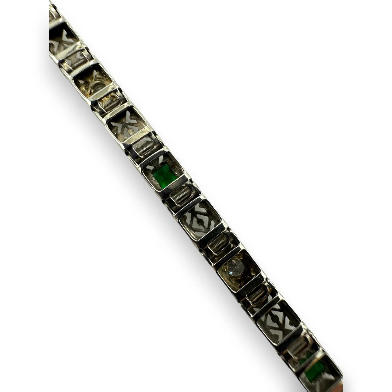 Antique Art Deco 1920s Solid 14kt White Gold Filigree 7.25" Bracelet with Diamonds and Simulated Glass Emeralds