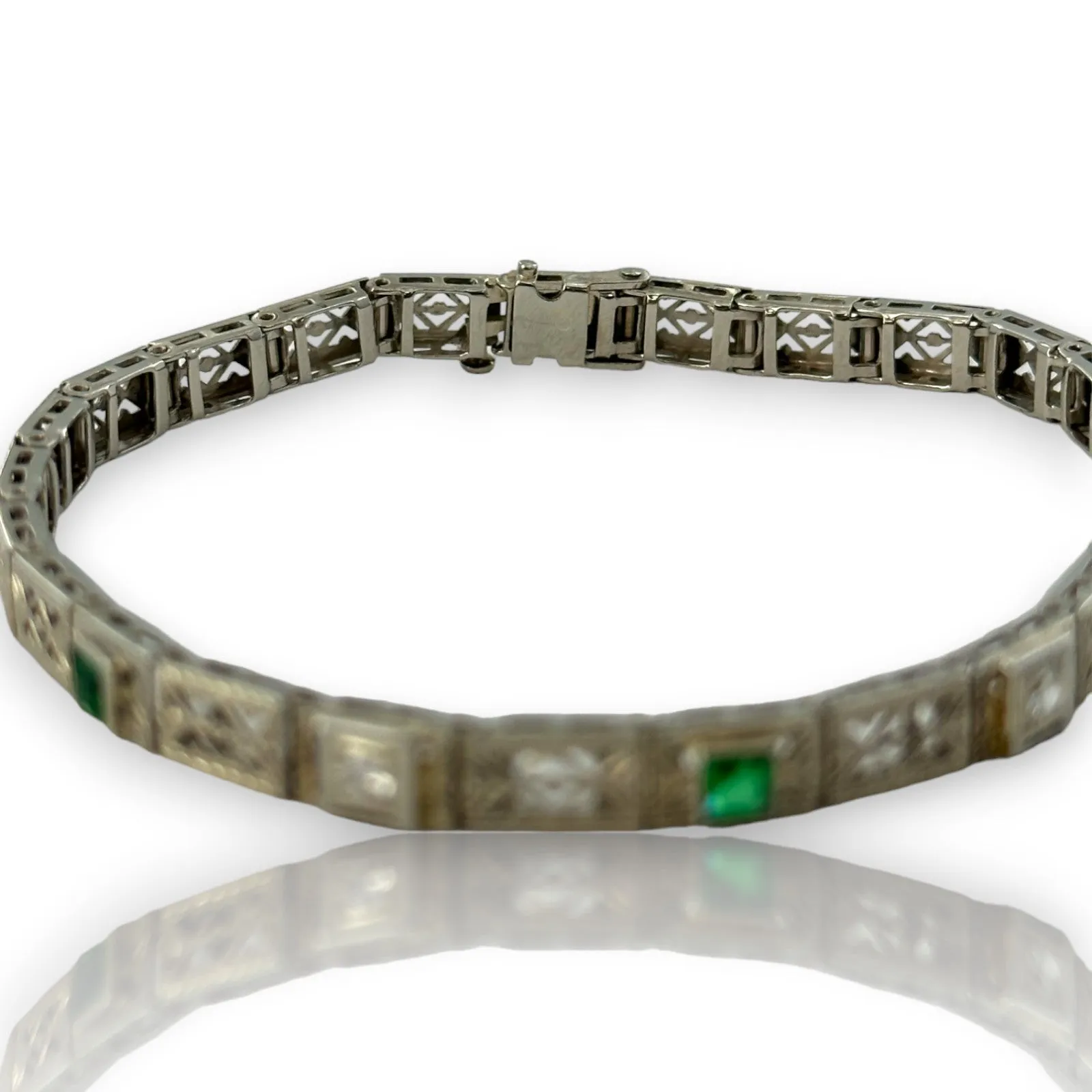 Antique Art Deco 1920s Solid 14kt White Gold Filigree 7.25" Bracelet with Diamonds and Simulated Glass Emeralds